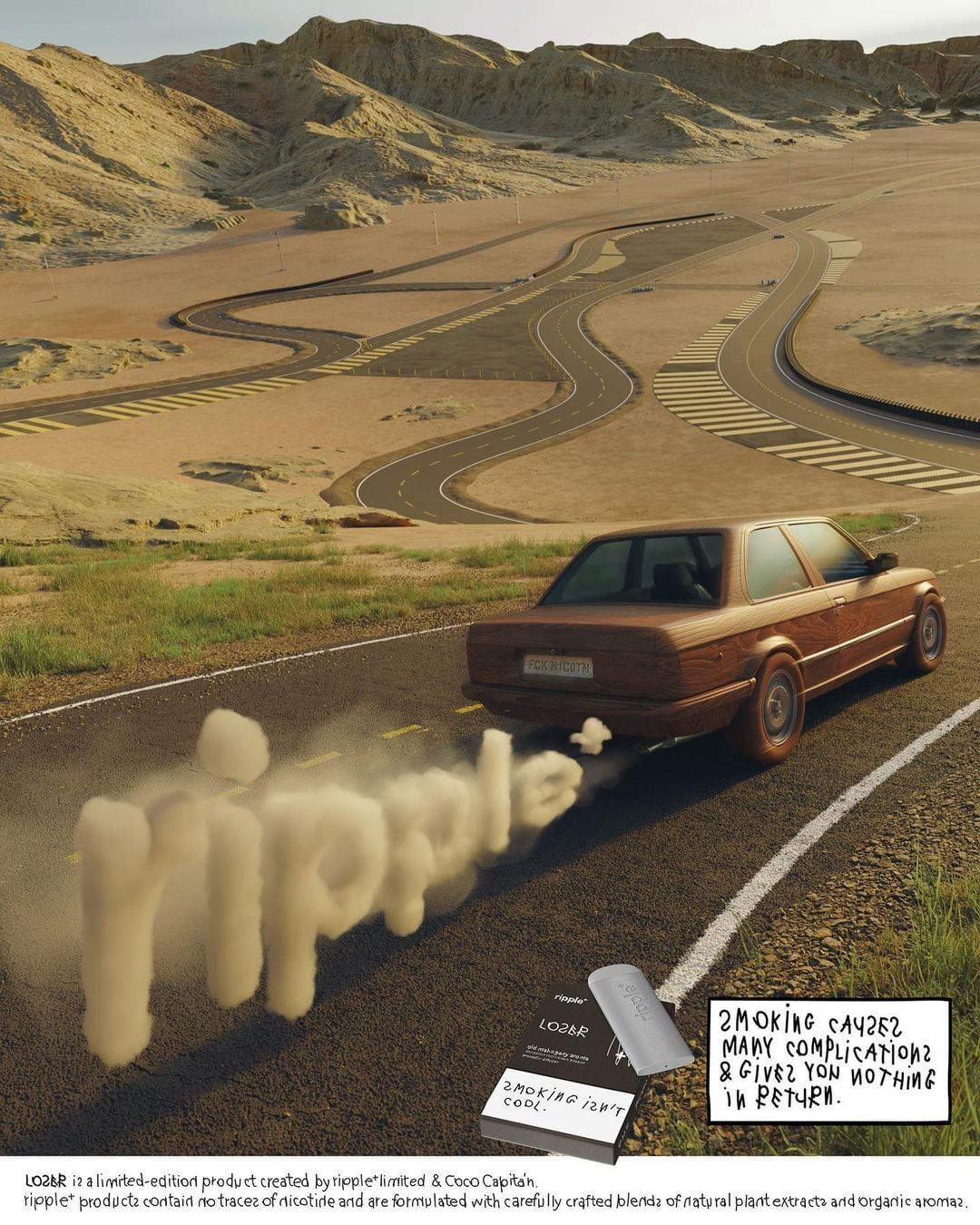 Vintage car driving on a desert road with vapor letters. Boxes on ground show text 'smoking isn't cool' and 'smoking causes complications'.