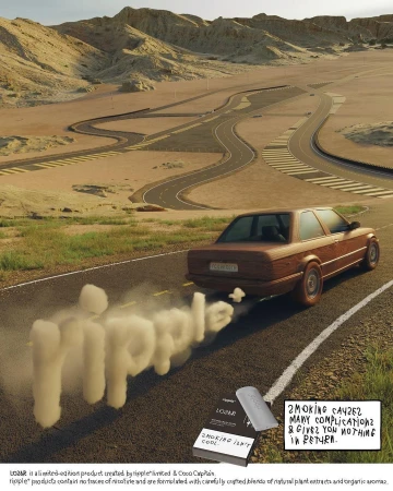 Vintage car driving on a desert road with vapor letters. Boxes on ground show text 'smoking isn't cool' and 'smoking causes complications'.
