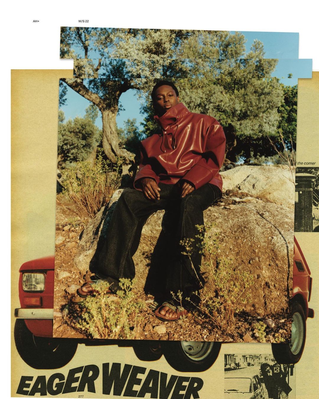 Collage style photograph by Coco Capitan featuring a man seated outdoors on a rock with a vintage red car visible below