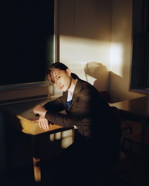 Teenager in dark school uniform sitting at desk near window with light and shadow play. Somber indoor scene with neutral color palette.