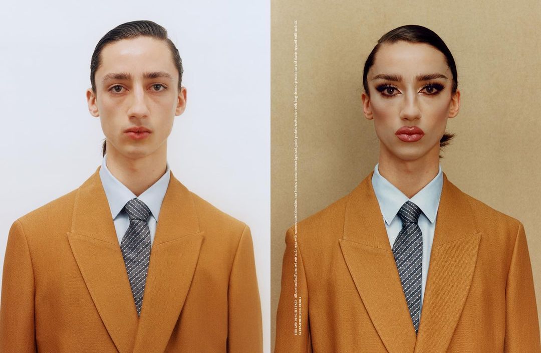 Split image shows a fair-skinned adult with and without makeup, wearing a brown suit, light blue shirt, and gray tie, against beige and white backdrops.