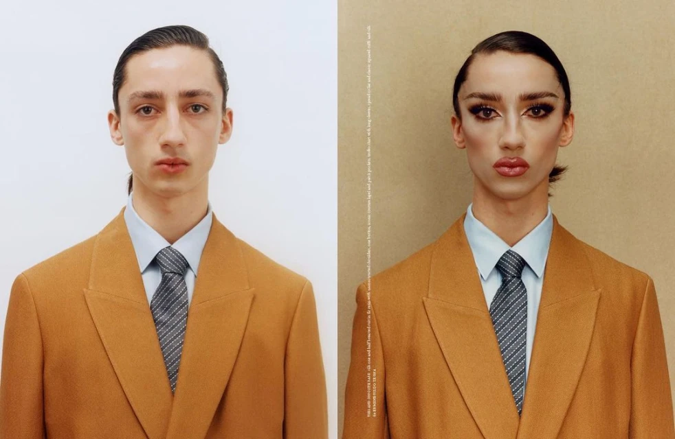 Split image shows a fair-skinned adult with and without makeup, wearing a brown suit, light blue shirt, and gray tie, against beige and white backdrops.