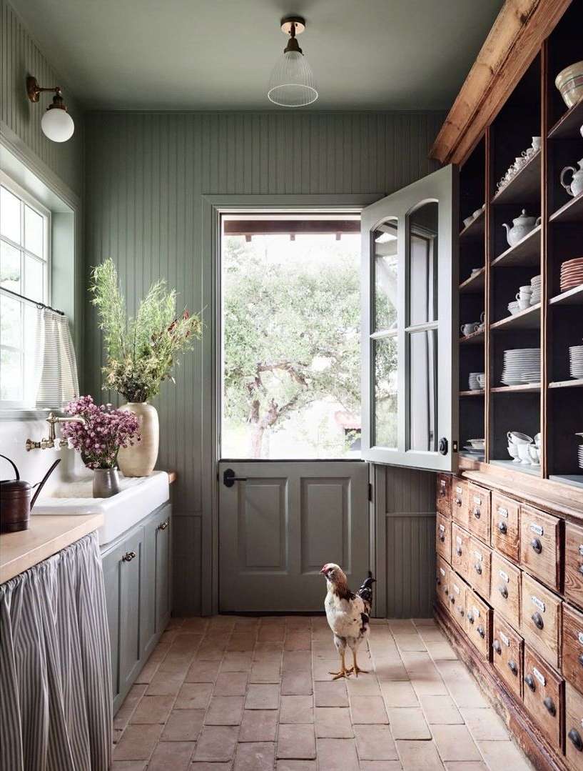 Rustic kitchen interior with sage green walls, a farmhouse sink, open shelves with dishware, and a single chicken on the brick floor.