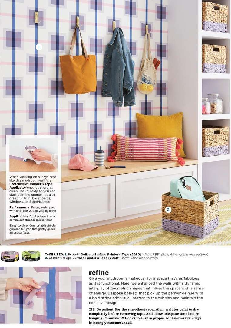 Mudroom interior with patterned walls, built-in bench, colorful pillows, woven baskets, hat, tote bags, and hanging jean jacket.