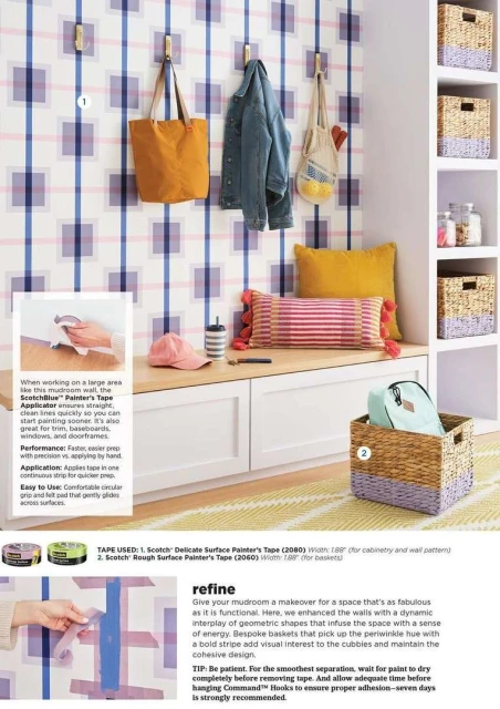 Mudroom interior with patterned walls, built-in bench, colorful pillows, woven baskets, hat, tote bags, and hanging jean jacket.