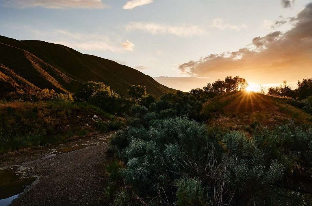 Scenic landscape of mountains and vegetation under a dynamic sky with the sun peaking through the clouds, creating a warm, golden light.
