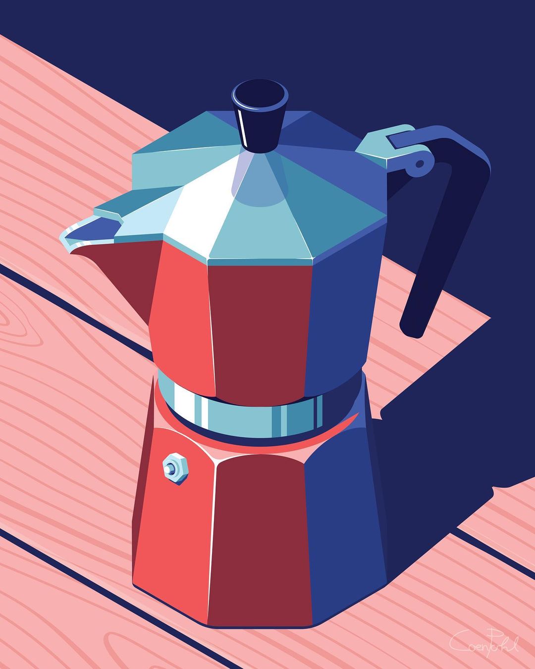 Illustration of a Moka pot coffee maker, rendered in geometric shapes with red, blue, and pink tones, set on a wooden surface with sharp shadows.