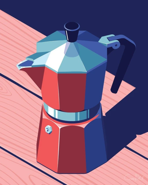 Illustration of a Moka pot coffee maker, rendered in geometric shapes with red, blue, and pink tones, set on a wooden surface with sharp shadows.