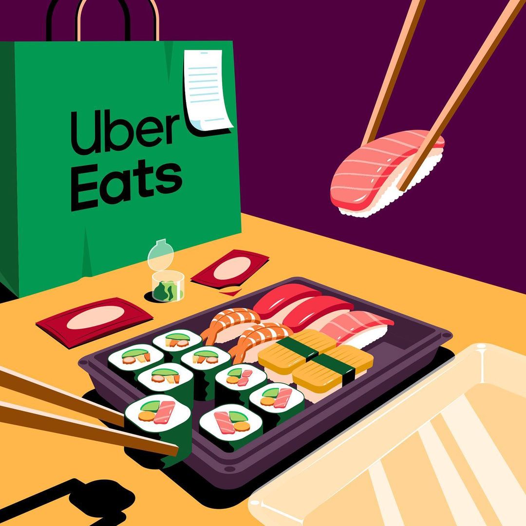 Illustration of sushi arranged on a tray, with an Uber Eats bag in the background, and chopsticks holding a piece of sushi.