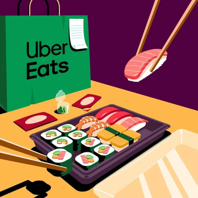 Illustration of sushi arranged on a tray, with an Uber Eats bag in the background, and chopsticks holding a piece of sushi.