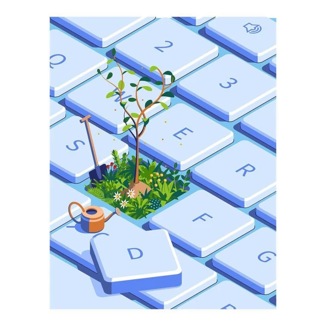 Illustration of a keyboard with a tree and greenery growing out of the keys, accompanied by a shovel and watering can.