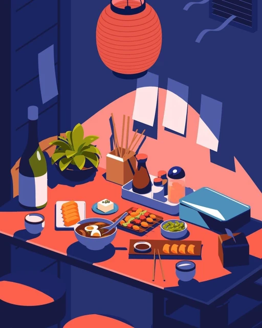 Stylized illustration of a table with Japanese food, including ramen, sushi, and sides, illuminated by a paper lantern in a restaurant setting.
