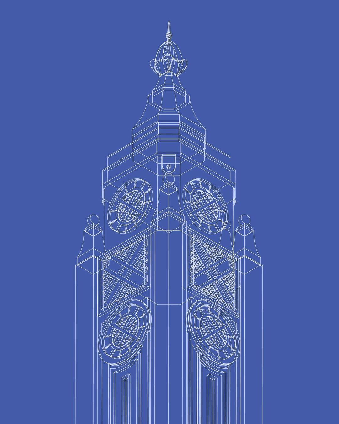 Architectural blueprint of a building's spire against a blue background, rendered in a wireframe style for technical documentation or design.