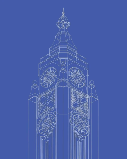 Architectural blueprint of a building's spire against a blue background, rendered in a wireframe style for technical documentation or design.