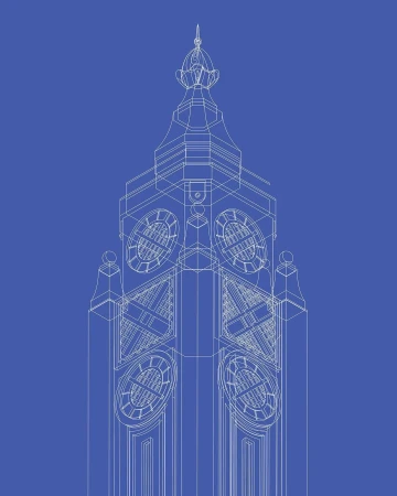 Architectural blueprint of a building's spire against a blue background, rendered in a wireframe style for technical documentation or design.
