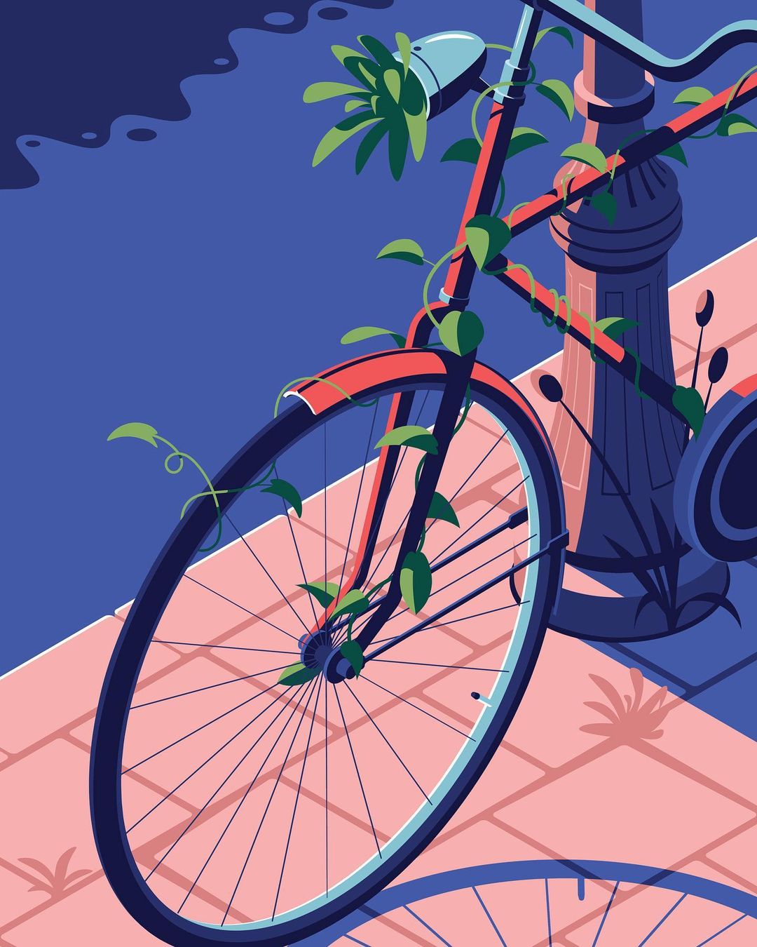Illustration of a red bicycle adorned with green vines, parked near a black and white lamppost against a background of blue and pink.