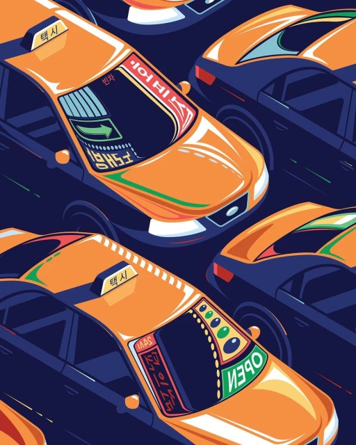 Illustration of several orange and blue taxis, with text in Korean on the windows, creating a colorful and busy urban scene.