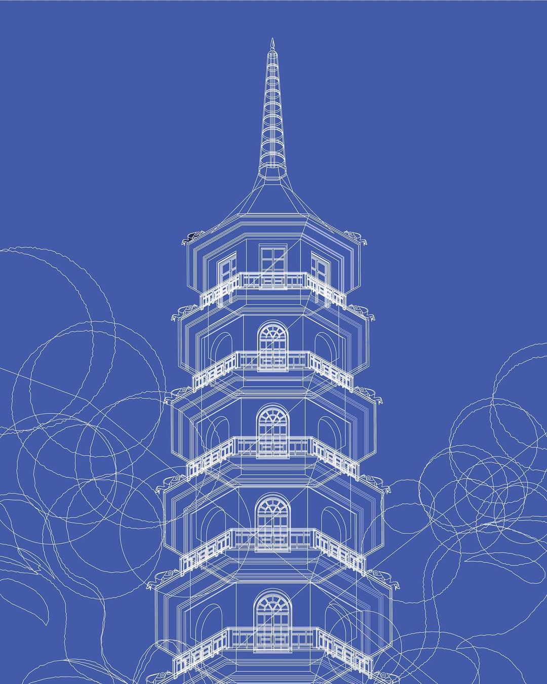 White line drawing of a multi-tiered pagoda or temple structure on a solid blue background with abstract, circular line patterns.