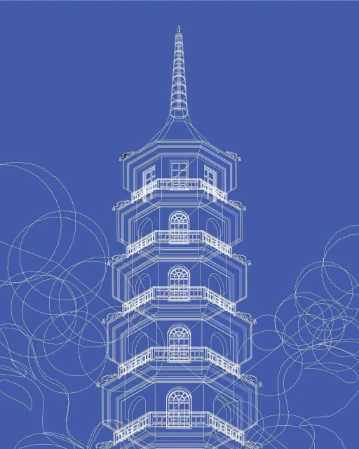 White line drawing of a multi-tiered pagoda or temple structure on a solid blue background with abstract, circular line patterns.