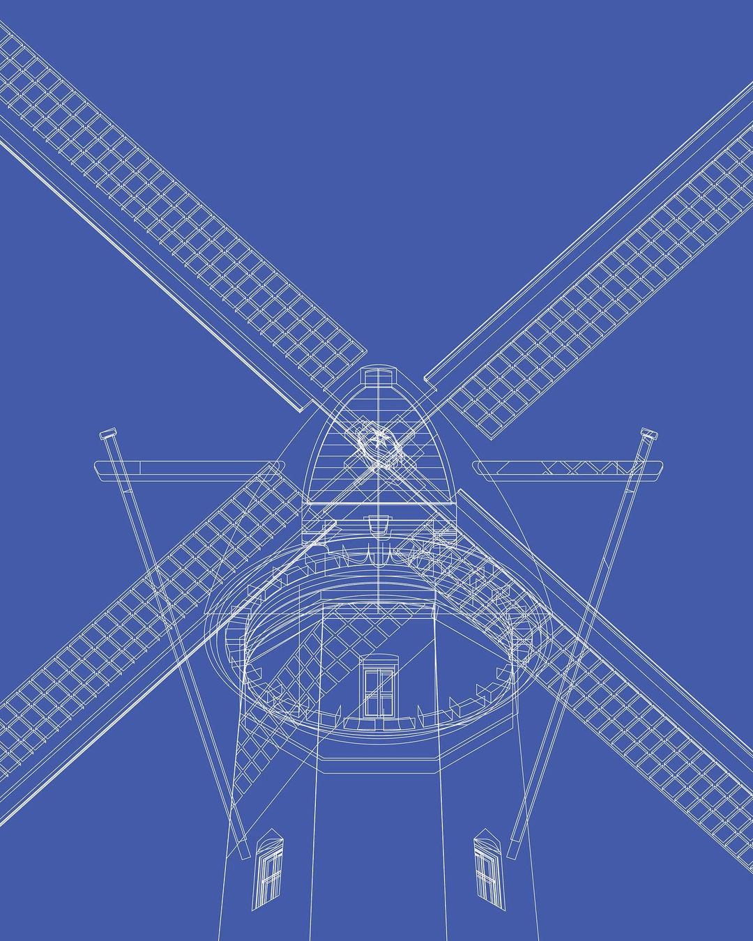 Architectural blueprint of a windmill with four sails, depicted as a white wireframe against a solid blue background.