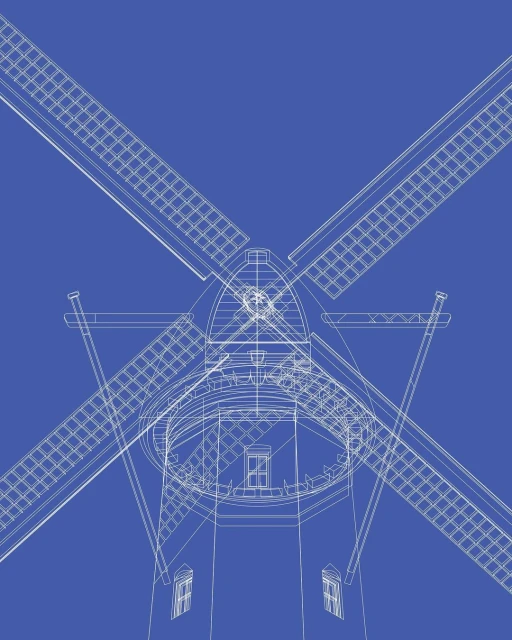 Architectural blueprint of a windmill with four sails, depicted as a white wireframe against a solid blue background.