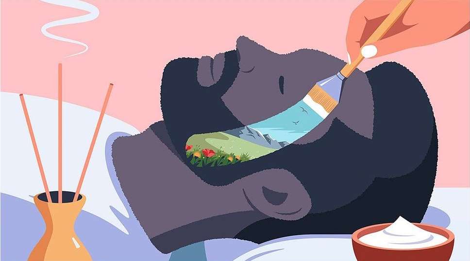 Vector illustration of a relaxed individual with a landscape scene inside their head being painted by a disembodied hand.