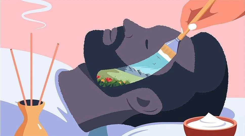 Vector illustration of a relaxed individual with a landscape scene inside their head being painted by a disembodied hand.
