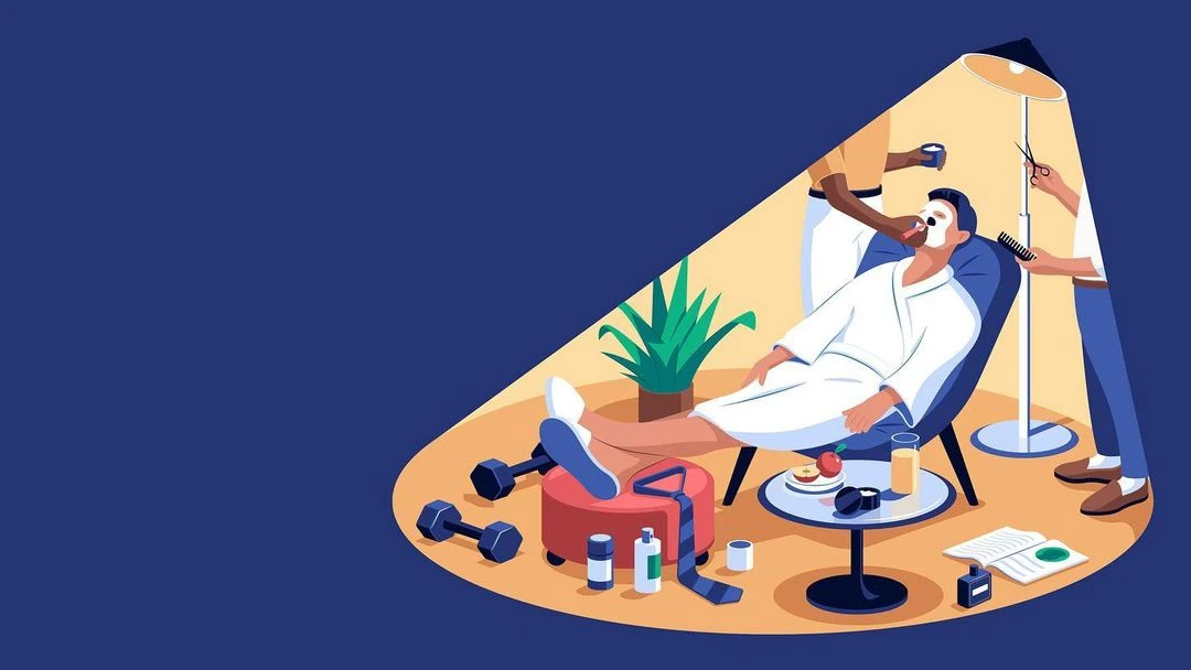 Illustration of a man relaxing with a face mask while barbers attend to him, surrounded by dumbbells, a juice, and skincare products.