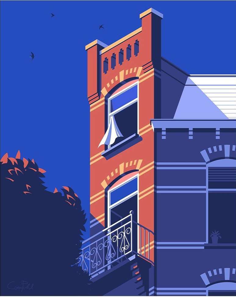 Illustration of a red brick building with white window frames and a small wrought-iron balcony, set against a dark blue sky.