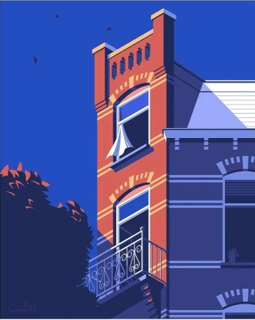 Illustration of a red brick building with white window frames and a small wrought-iron balcony, set against a dark blue sky.