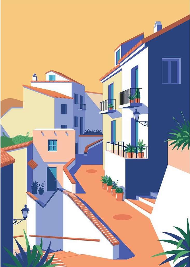 Illustration of a European street scene featuring colourful buildings with balconies, potted plants, and a winding road.