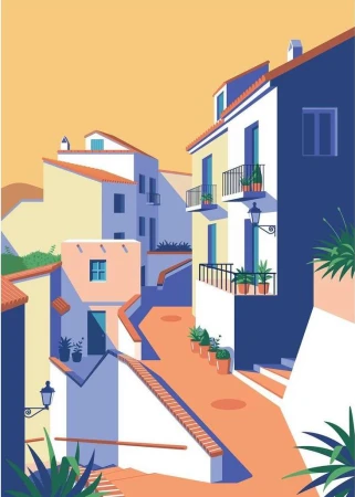 Illustration of a European street scene featuring colourful buildings with balconies, potted plants, and a winding road.