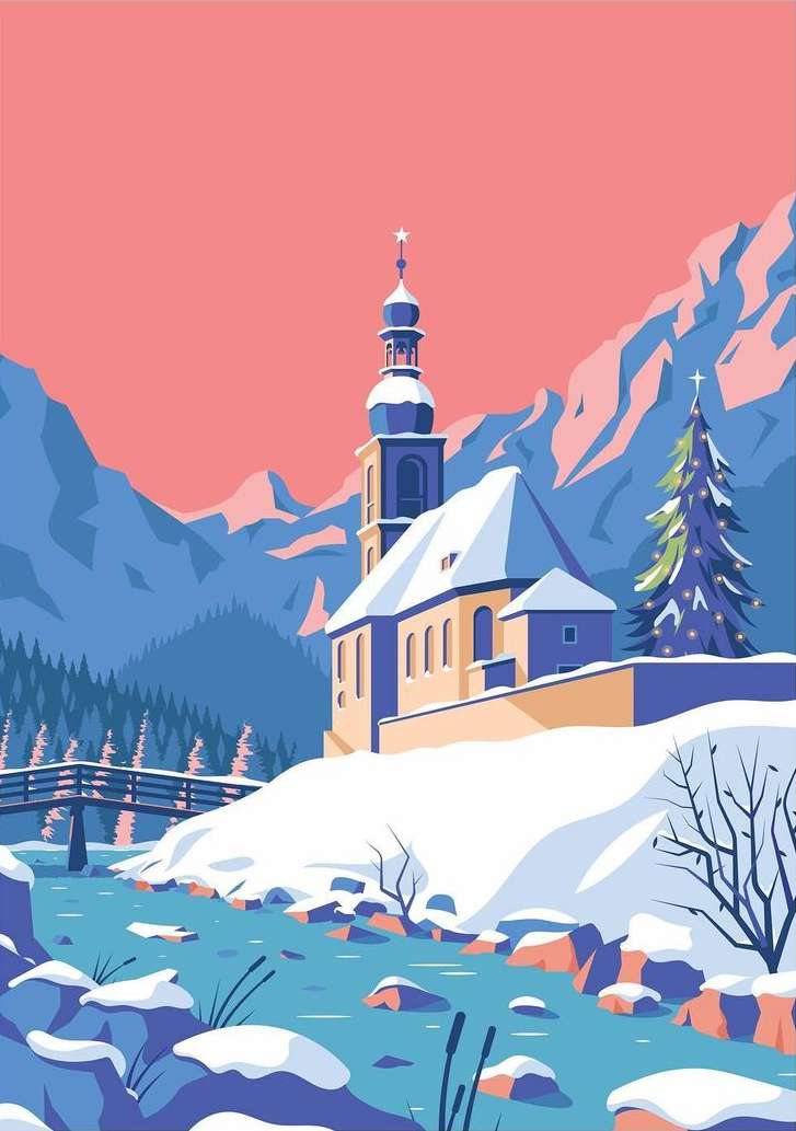Illustration of a church covered in snow with an alpine landscape, a bridge over water and a Christmas tree in the background.