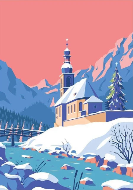 Illustration of a church covered in snow with an alpine landscape, a bridge over water and a Christmas tree in the background.
