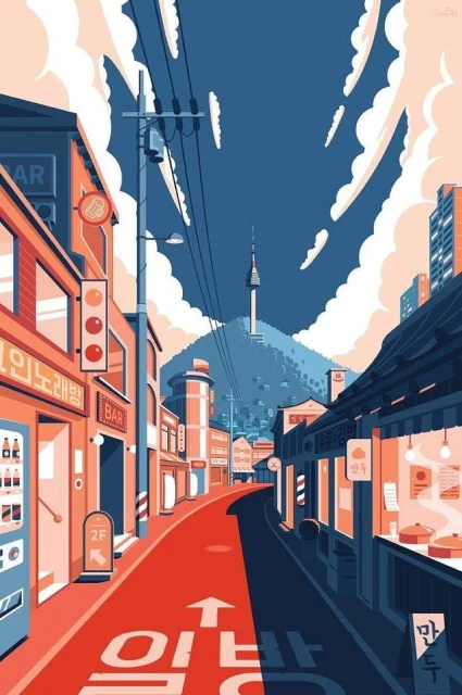 Illustration of a vibrant Seoul street featuring colorful buildings, a red road, and the iconic Namsan Tower in the background, under a cloudy sky.