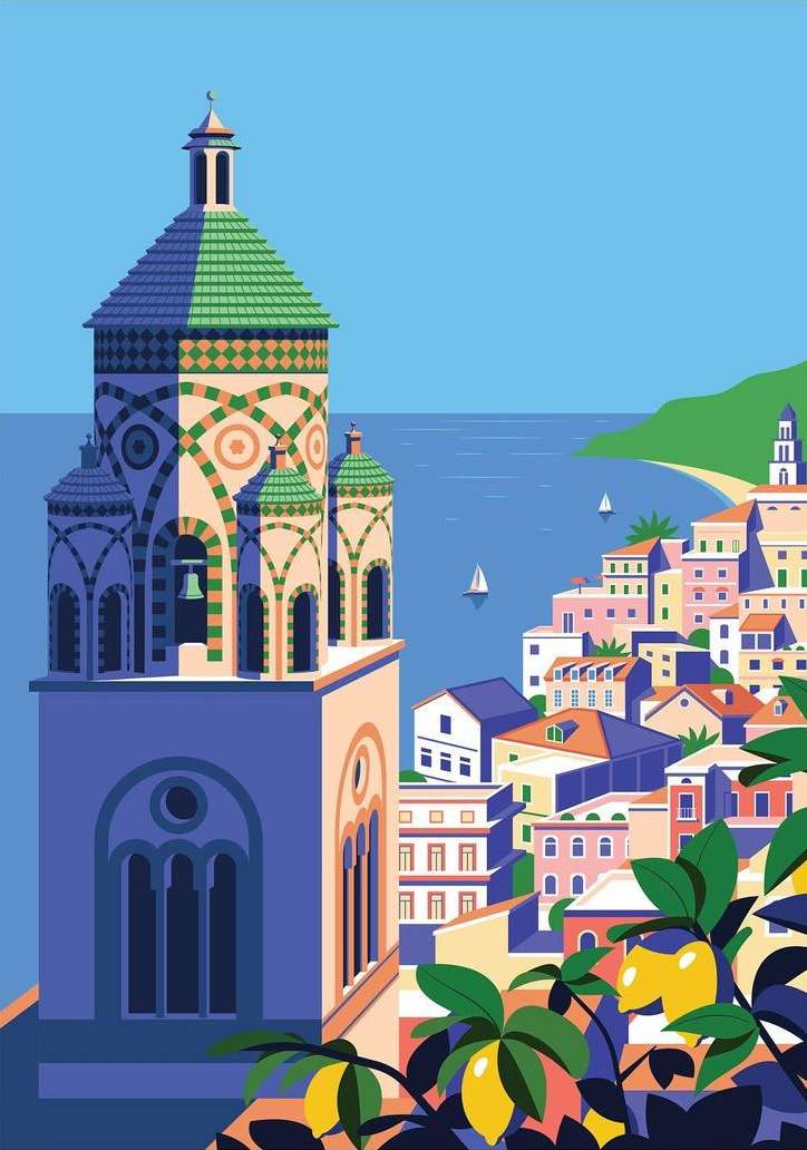 Illustration of a Mediterranean coastal town featuring a bell tower, colorful buildings, yachts on the sea, and lemon trees.