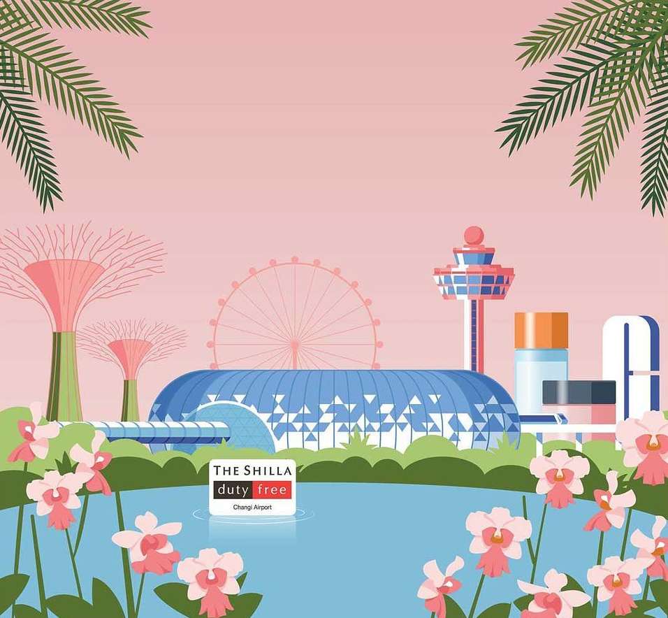 Illustration of Singapore skyline with the Shilla Duty Free logo floating in the water, and palm trees overhead in a stylized, colorful scene.