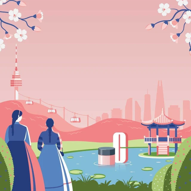 Two women in traditional Korean dresses gaze upon a serene lake with a pagoda, against a backdrop of city skyline and mountains.