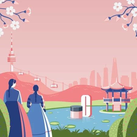 Two women in traditional Korean dresses gaze upon a serene lake with a pagoda, against a backdrop of city skyline and mountains.