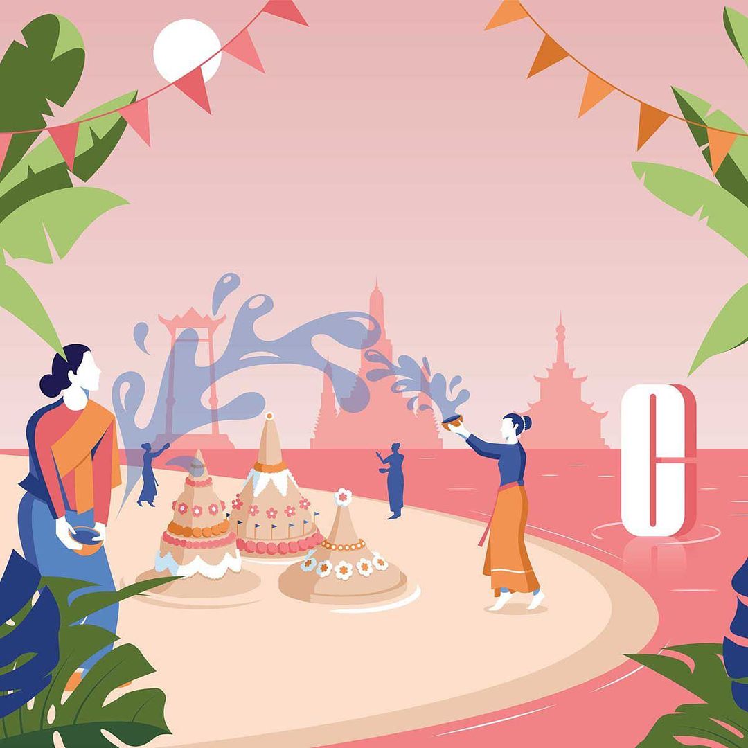 Illustration of Songkran festival celebration with people throwing water, sand pagodas, temple backdrop, and festive decorations.