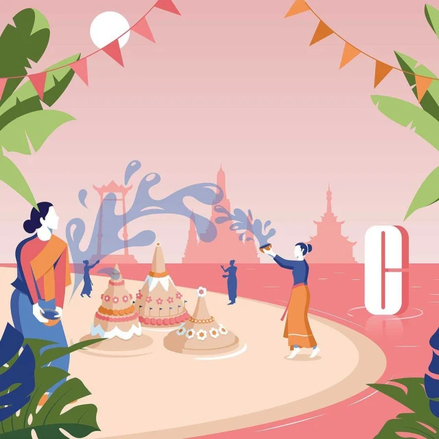 Illustration of Songkran festival celebration with people throwing water, sand pagodas, temple backdrop, and festive decorations.