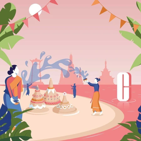 Illustration of Songkran festival celebration with people throwing water, sand pagodas, temple backdrop, and festive decorations.