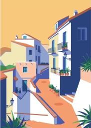 Digital illustration of a Mediterranean hillside town with pastel buildings and terracotta rooftops by Coen Pohl