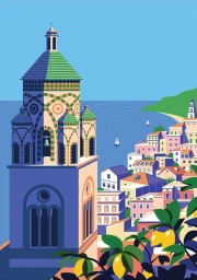 Digital illustration of a coastal town with a prominent ornate bell tower overlooking the blue ocean under a clear sky.