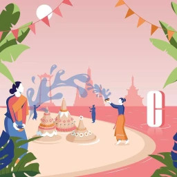 Illustrated celebration scene with figures splashing water near decorated sand pagodas under festive banners