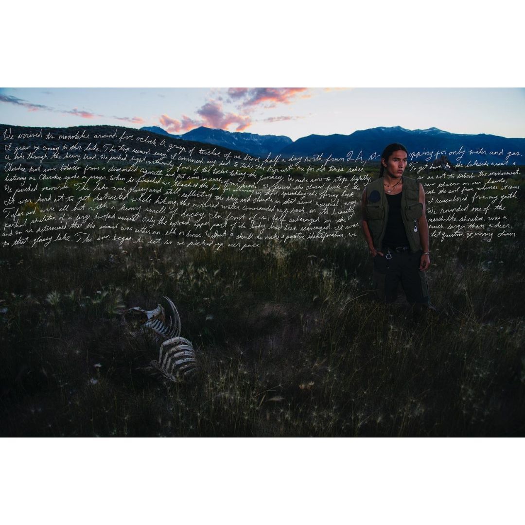 Portrait of a man standing in a field with mountains in the background, alongside faded text and animal bones.
