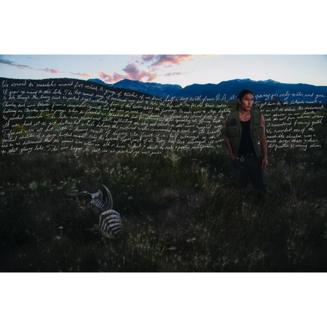 Portrait of a man standing in a field with mountains in the background, alongside faded text and animal bones.