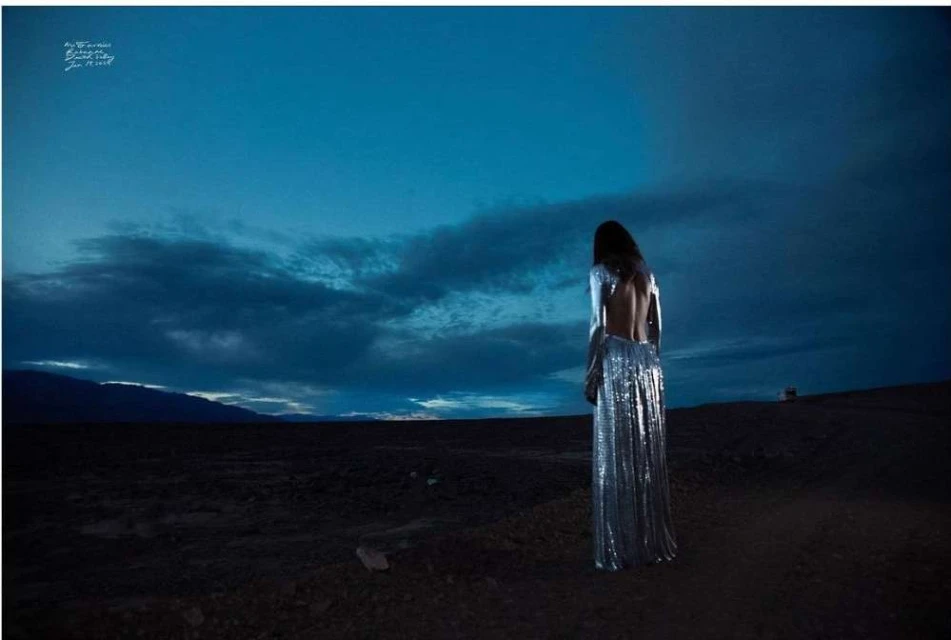 An adult female with long hair stands in the desert wearing a shimmering, backless gown under a dramatic dark blue, cloudy sky.