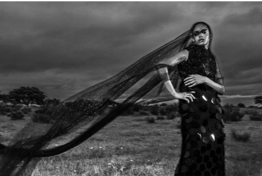 Monochrome portrait of a woman in a sparkling dress and veil standing in a field under a cloudy sky. Fashion editorial style.