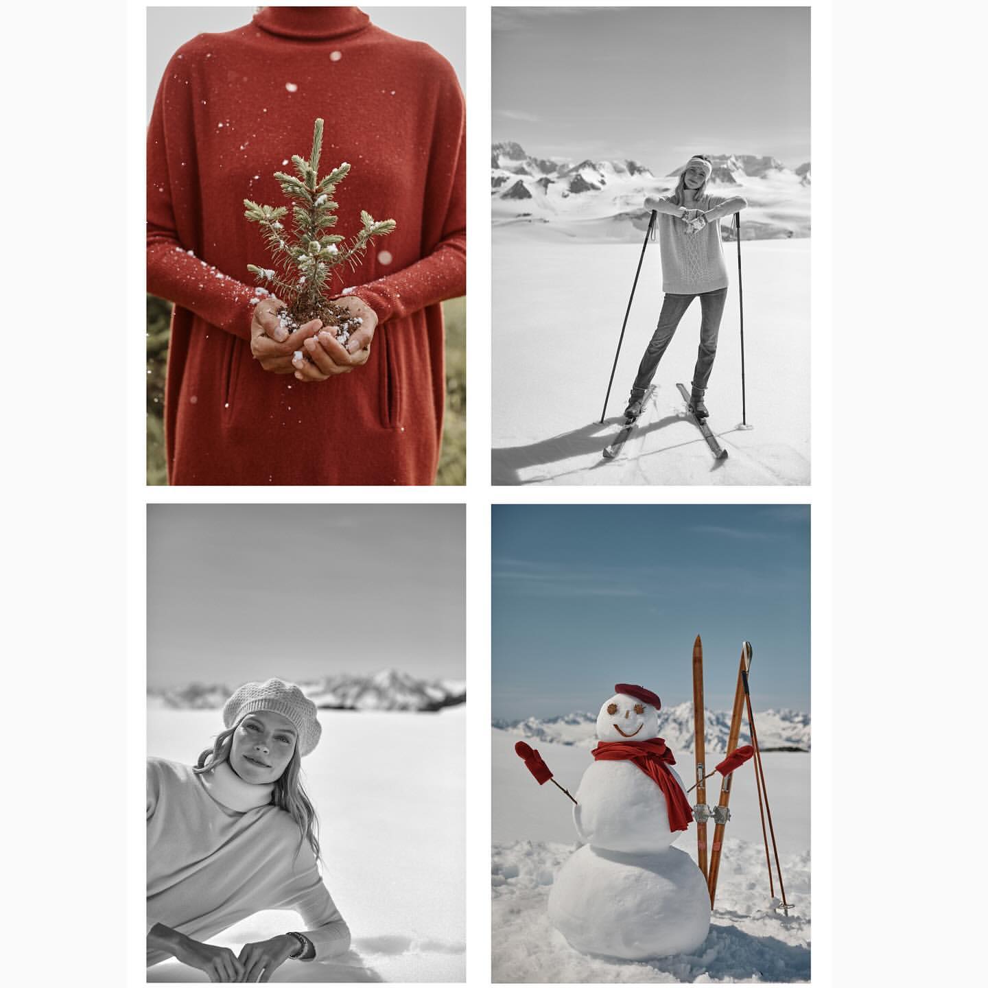 A collage of winter scenes: a person holding a small tree, a skier, a woman in a beret, and a snowman on a sunny day.
